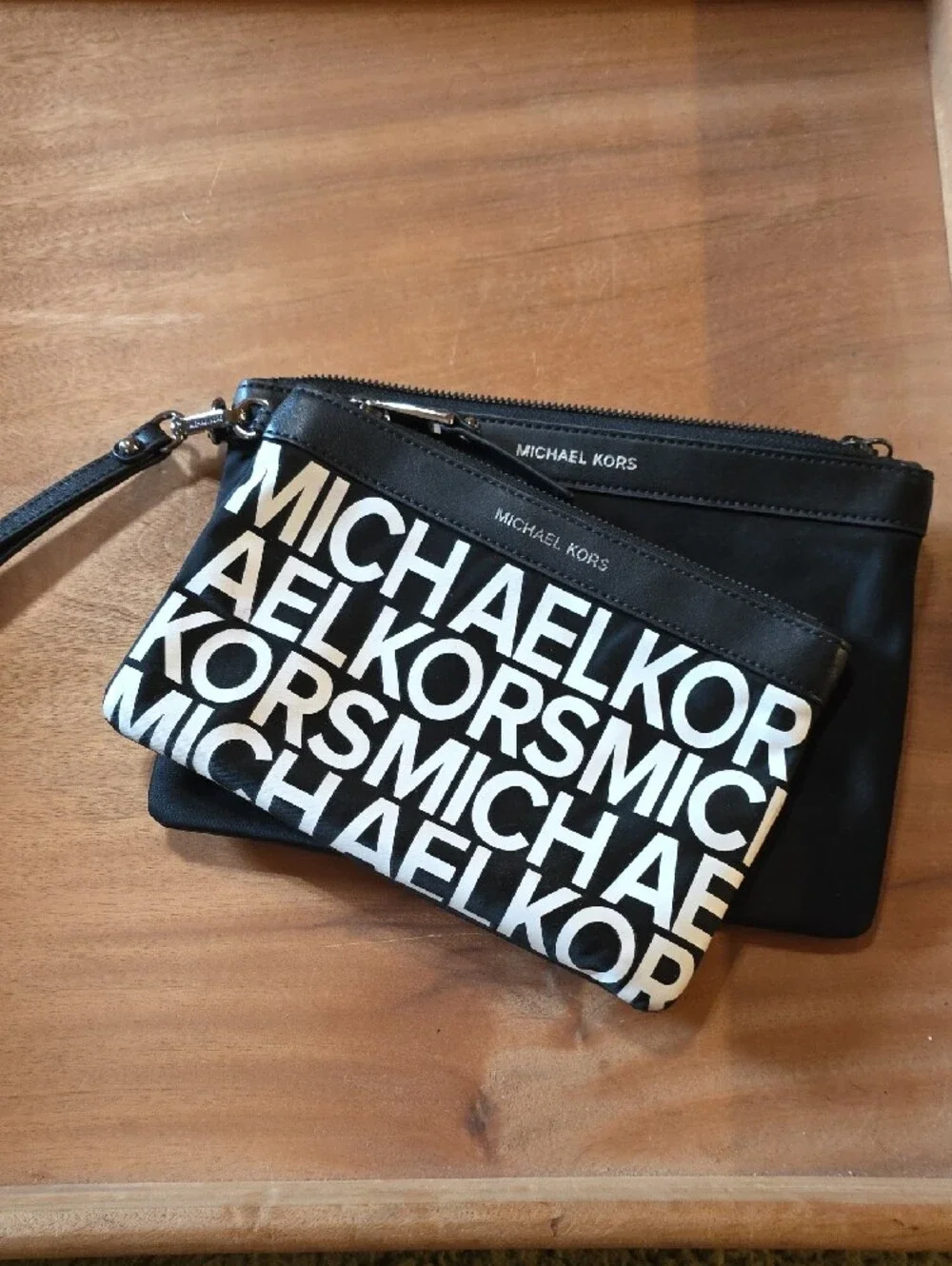 Michael Kors Nylon & Leather Trim Convertible Wristlet Pouch Set Black White Log